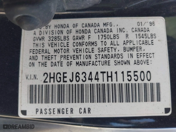 1996 Honda Civic DX with VIN 2HGEJ6344TH115500, listed as a IAAI auction lot 41783022 with 148,439 mi miles. Bid and sale history available at carsss.com. Image 9.