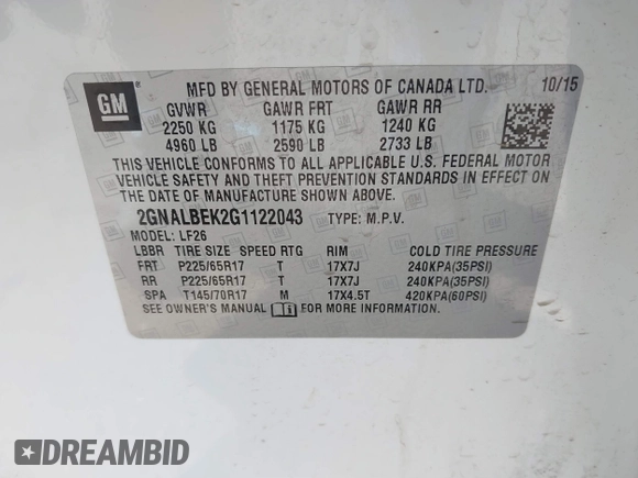 2016 Chevrolet Equinox LS with VIN 2GNALBEK2G1122043, listed as a IAAI auction lot 41757417 with 156,894 mi miles and . Bid and sale history available at carsss.com. Image 9.