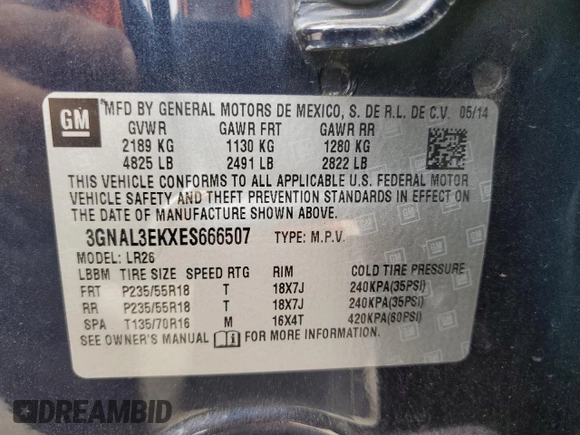 2014 Chevrolet Captiva Sport LT with VIN 3GNAL3EKXES666507, listed as a Copart auction lot 61321254 with 173,950 mi miles and Salvage Title. Bid and sale history available at DreamBid. Image 16.