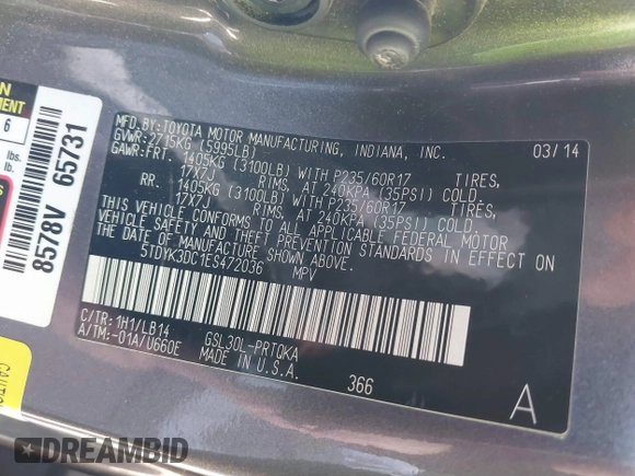 2014 Toyota Sienna XLE with VIN 5TDYK3DC1ES472036, listed as a IAAI auction lot 40546573 with 134,907 mi miles and . Bid and sale history available at DreamBid. Image 9.