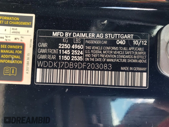 2013 Mercedes-Benz E 550 with VIN WDDKJ7DB9DF203083, listed as a Copart auction lot 66862624 with 84,264 mi miles and Salvage title. Bid and sale history available at DreamBid. Image 12.