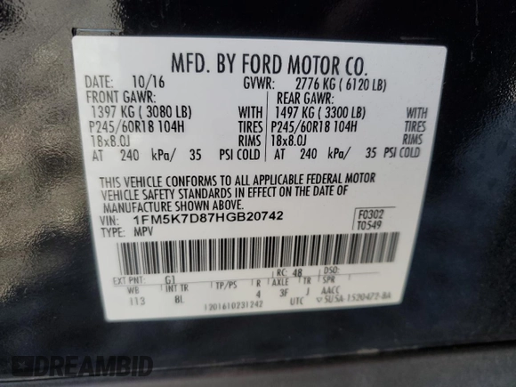 2017 Ford Explorer XLT z VIN 1FM5K7D87HGB20742, wystawiony jako Copart lot #55100945 z przebiegiem 82 558 mil mil oraz Czysty tytuł • Clean title. Historia ofert i sprzedaży dostępna na DreamBid. Obrazek 14.
