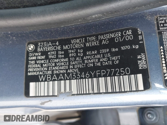 2000 BMW 3 Series 323i with VIN WBAAM3346YFP77250, listed as a IAAI auction lot 42197840 with 159,691 mi miles and . Bid and sale history available at DreamBid. Image 9.