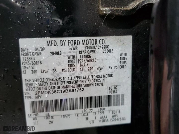 2009 Ford Edge SEL with VIN 2FMDK38C19BA91752, listed as a Copart auction lot 84844614 with 405,840 mi miles and Salvage Title. Bid and sale history available at carsss.com. Image 14.