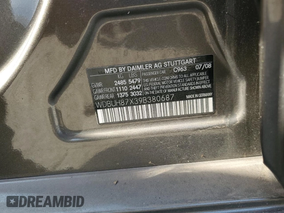 2009 Mercedes-Benz E 350 with VIN WDBUH87X39B380687, listed as a Copart auction lot 60220835 with Not provided miles and Salvage title. Bid and sale history available at DreamBid. Image 12.