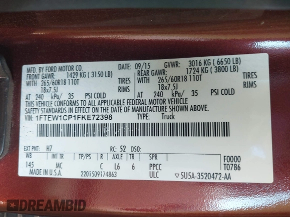 2015 Ford F-150 XL с VIN 1FTEW1CP1FKE72398, выставлен на аукционе IAAI как лот 42525923 с пробегом Не указан миль и . История ставок и продаж доступна на DreamBid. Изображение 9.