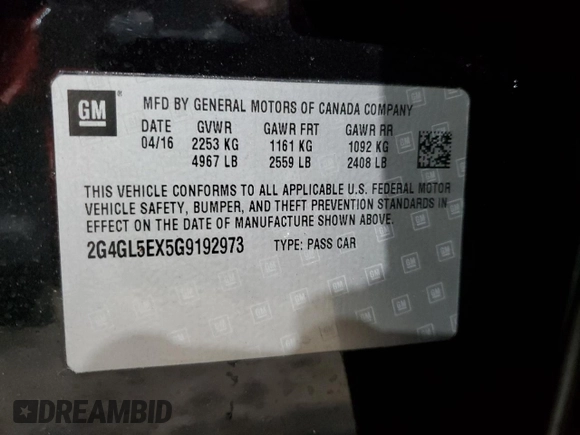 2016 Buick Regal with VIN 2G4GL5EX5G9192973, listed as a Copart auction lot 85910014 with 45,766 mi miles and Salvage Title. Bid and sale history available at DreamBid. Image 13.