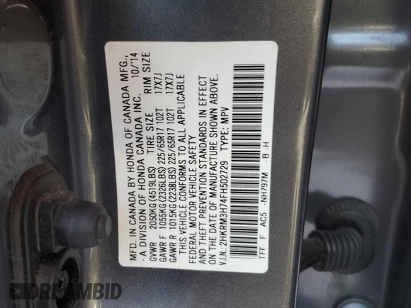 2015 Honda CR-V EX-L with VIN 2HKRM3H74FH502729, listed as a Copart auction lot 49977485 with 188,452 mi miles and Clean Title. Bid and sale history available at DreamBid. Image 13.