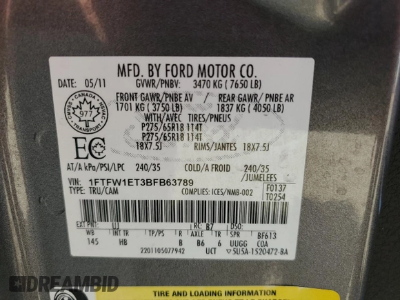 2011 Ford F-150 XLT with VIN 1FTFW1ET3BFB63789, listed as a Copart auction lot 54613875 with 152,982 mi miles and Salvage Title. Bid and sale history available at carsss.com. Image 12.