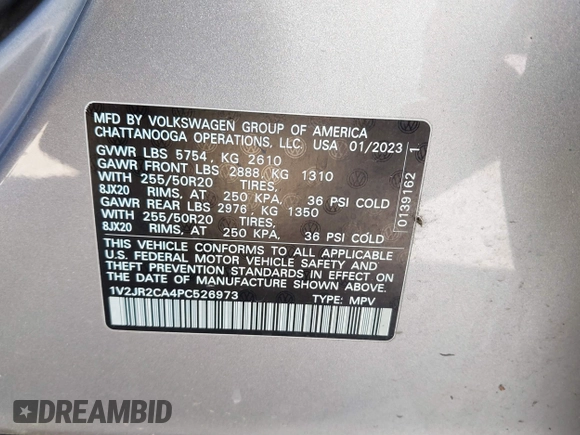 2023 Volkswagen Atlas SE z VIN 1V2JR2CA4PC526973, wystawiony jako IAAI lot #41712167 z przebiegiem 77 370 mil mil oraz . Historia ofert i sprzedaży dostępna na DreamBid. Obrazek 9.