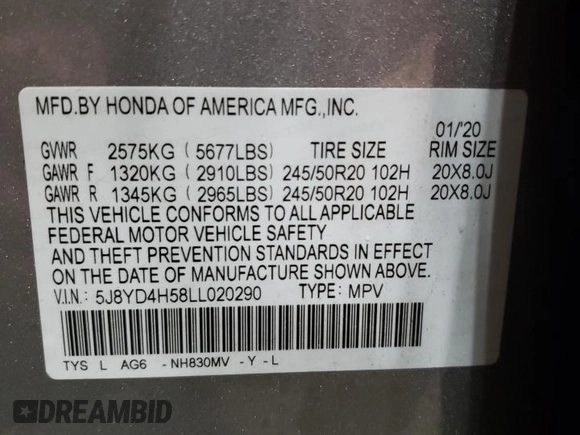 2020 Acura MDX w/Technology Pkg with VIN 5J8YD4H58LL020290, listed as a Copart auction lot 89012015 with 43,899 mi miles and Salvage Title. Bid and sale history available at carsss.com. Image 16.