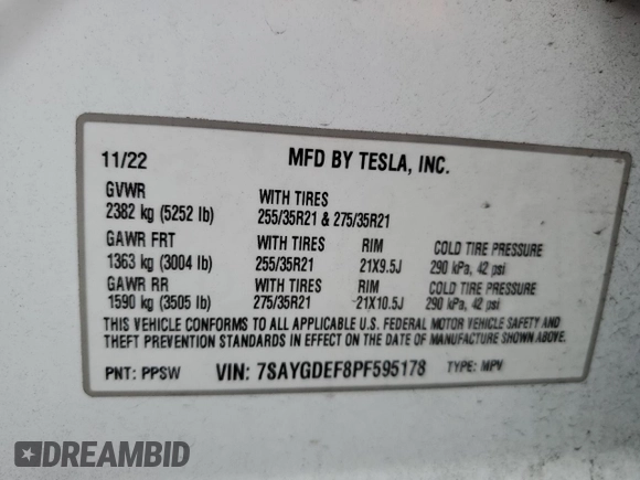 2023 Tesla Model Y Performance with VIN 7SAYGDEF8PF595178, listed as a Copart auction lot 46496995 with 39,057 mi miles and Non Repairable. Bid and sale history available at DreamBid. Image 12.