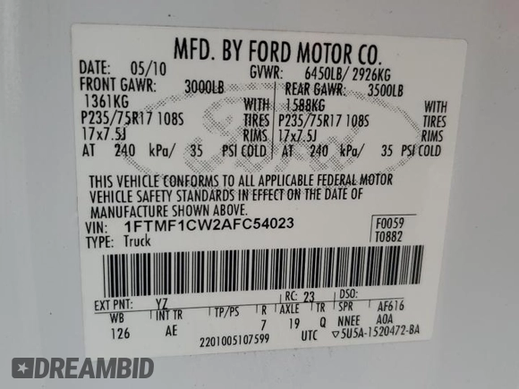 2010 Ford F-150 XL with VIN 1FTMF1CW2AFC54023, listed as a Copart auction lot 57428195 with 183,892 mi miles and Salvage title. Bid and sale history available at DreamBid. Image 12.