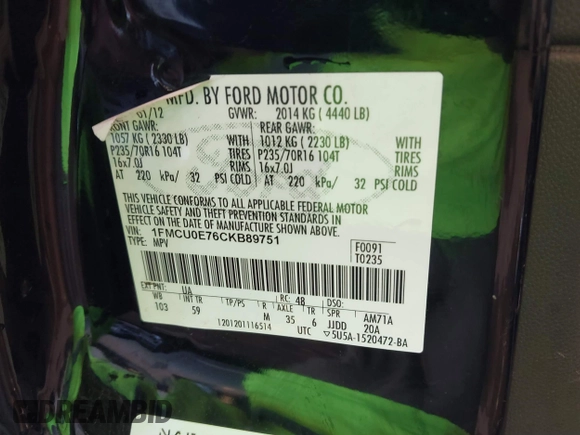 2012 Ford Escape Limited with VIN 1FMCU0E76CKB89751, listed as a IAAI auction lot 41791830 with 116,250 mi miles. Bid and sale history available at carsss.com. Image 9.