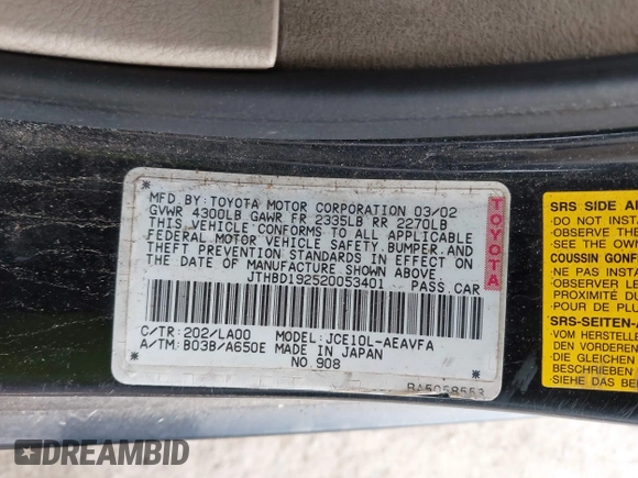 2002 Lexus IS 300 with VIN JTHBD192520053401, listed as a IAAI auction lot 42121818 with 110,536 mi miles. Bid and sale history available at carsss.com. Image 9.