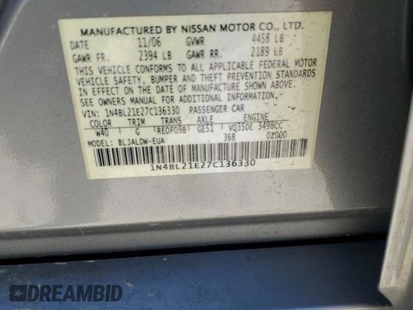 2007 Nissan Altima SL with VIN 1N4BL21E27C136330, listed as a Copart auction lot 51686185 with 200,509 mi miles and Salvage Title. Bid and sale history available at DreamBid. Image 13.