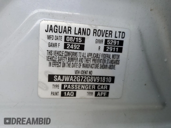 2016 Jaguar XJ Portfolio with VIN SAJWA2G72G8V91810, listed as a Copart auction lot 55269305 with Not Provided miles and Clean Title. Bid and sale history available at DreamBid. Image 12.