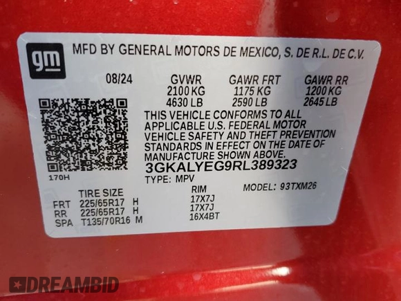 2024 GMC Terrain AT4 with VIN 3GKALYEG9RL389323, listed as a Copart auction lot 49922635 with 2,945 mi miles and Salvage Title. Bid and sale history available at DreamBid. Image 14.