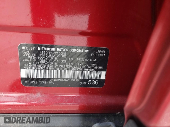2022 Mitsubishi Eclipse Cross SE с VIN JA4ATWAA1NZ003430, выставлен на аукционе Copart как лот 60227235 с пробегом 27 736 миль миль и Списание • Salvage title. История ставок и продаж доступна на DreamBid. Изображение 14.