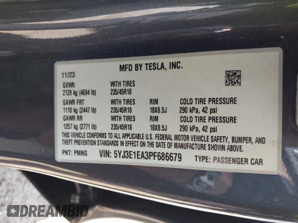 2023 Tesla Model 3 с VIN 5YJ3E1EA3PF686679, выставлен на аукционе IAAI как лот 42240380 с пробегом 20 512 миль миль и . История ставок и продаж доступна на DreamBid. Изображение 9.