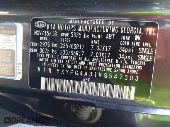 2019 Kia Sorento LX with VIN 5XYPG4A31KG547303, listed as a IAAI auction lot 41751159 with 65,468 mi miles. Bid and sale history available at carsss.com. Image 9.