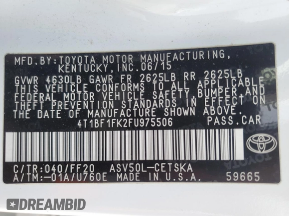 2015 Toyota Camry XLE with VIN 4T1BF1FK2FU975506, listed as a Copart auction lot 54551985 with 134,641 mi miles and Salvage Title. Bid and sale history available at carsss.com. Image 12.