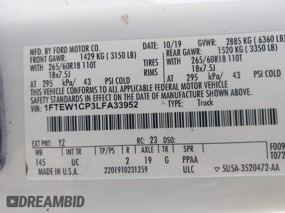 2020 Ford F-150 XL с VIN 1FTEW1CP3LFA33952, выставлен на аукционе IAAI как лот 42293098 с пробегом 154 973 миль миль и . История ставок и продаж доступна на DreamBid. Изображение 9.