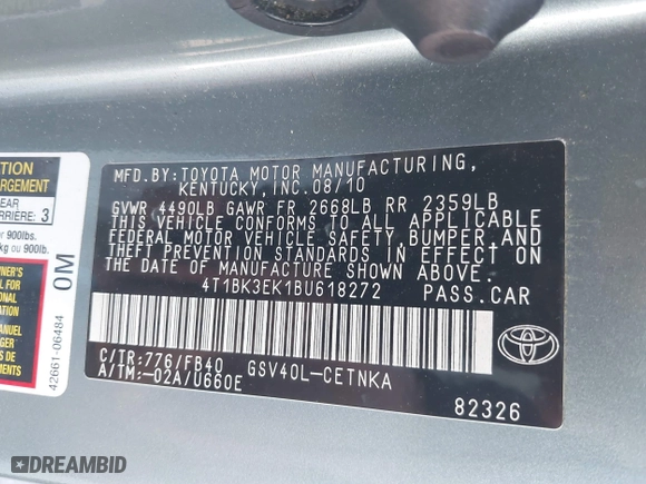 2011 Toyota Camry LE with VIN 4T1BK3EK1BU618272, listed as a IAAI auction lot 41690797 with 130,686 mi miles. Bid and sale history available at carsss.com. Image 9.