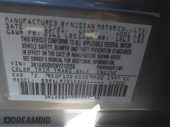2022 Nissan Sentra SR with VIN 3N1AB8DV0NY212058, listed as a IAAI auction lot 41975535 with 31,090 mi miles. Bid and sale history available at carsss.com. Image 9.