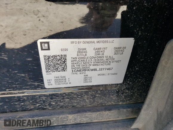 2020 Chevrolet Traverse LS with VIN 1GNERFKW8LJ277467, listed as a Copart auction lot 52730655 with 87,670 mi miles and Salvage Title. Bid and sale history available at carsss.com. Image 13.