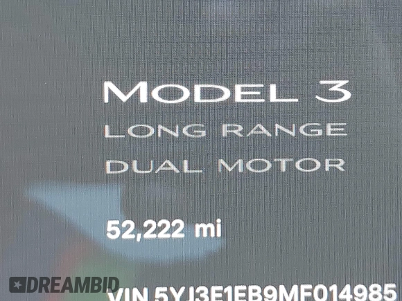 2021 Tesla Model 3 Long Range z VIN 5YJ3E1EB9MF014985, wystawiony jako IAAI lot #41672208 z przebiegiem 52 222 mil mil oraz . Historia ofert i sprzedaży dostępna na DreamBid. Obrazek 15.