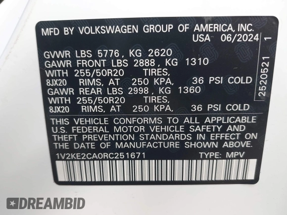 2024 Volkswagen Atlas SE с VIN 1V2KE2CA0RC251671, выставлен на аукционе IAAI как лот 41094446 с пробегом 5 323 миль миль и . История ставок и продаж доступна на DreamBid. Изображение 9.