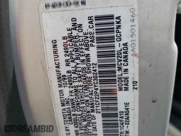 2000 Toyota Solara SE с VIN 2T1CF22P4YC302412, выставлен на аукционе Copart как лот 60556235 с пробегом 262 391 миль миль и Чистый • Clean title. История ставок и продаж доступна на DreamBid. Изображение 12.
