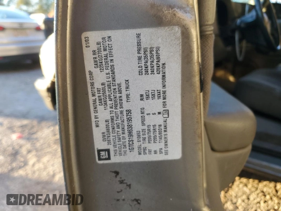 2003 GMC Sonoma with VIN 1GTCS19H638195758, listed as a Copart auction lot 83080674 with 152,104 mi miles and Salvage Title. Bid and sale history available at DreamBid. Image 12.