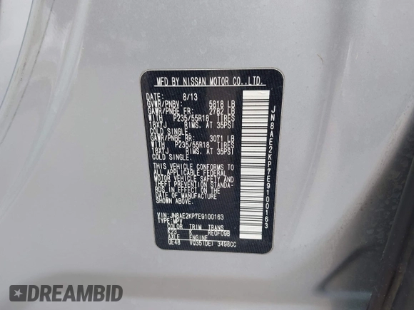 2014 Nissan Quest S with VIN JN8AE2KP7E9100163, listed as a IAAI auction lot 42235765 with 134,016 mi miles and . Bid and sale history available at DreamBid. Image 9.