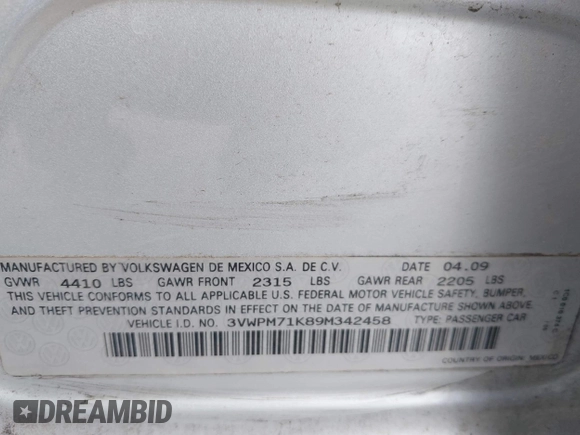 2009 Volkswagen Jetta SE с VIN 3VWPM71K89M342458, выставлен на аукционе IAAI как лот 42269467 с пробегом 186 065 миль миль и . История ставок и продаж доступна на DreamBid. Изображение 9.