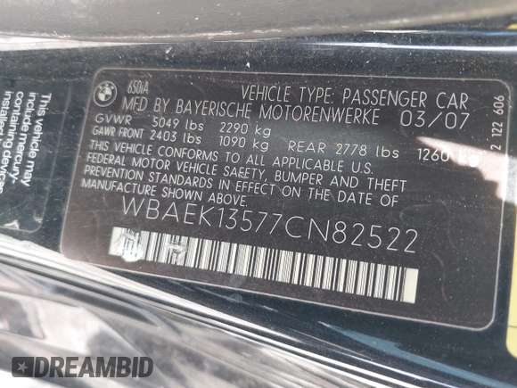2007 BMW 6 Series 650i z VIN WBAEK13577CN82522, wystawiony jako IAAI lot #42386126 z przebiegiem 122 067 mil mil oraz . Historia ofert i sprzedaży dostępna na DreamBid. Obrazek 9.