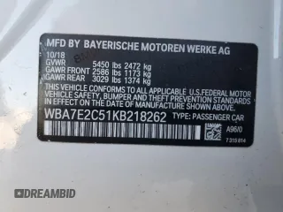 2019 BMW 7 Series 740i с VIN WBA7E2C51KB218262, выставлен на аукционе Copart как лот 52755095 с пробегом 55 082 миль миль и Списание • Salvage title. История ставок и продаж доступна на DreamBid. Изображение 13.