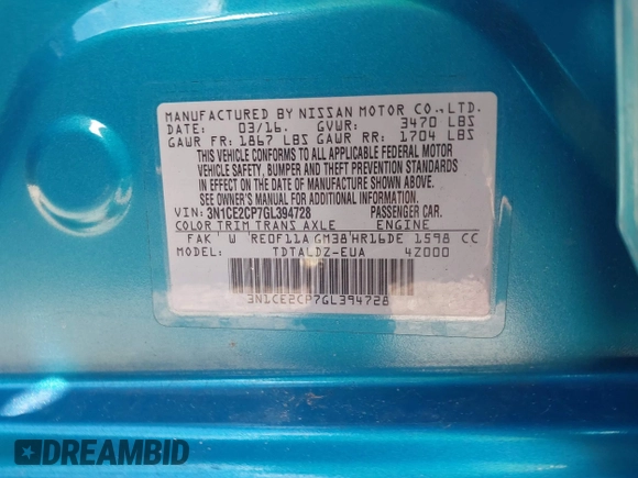 2016 Nissan Note S Plus with VIN 3N1CE2CP7GL394728, listed as a IAAI auction lot 41415566 with 139,482 mi miles and . Bid and sale history available at DreamBid. Image 9.