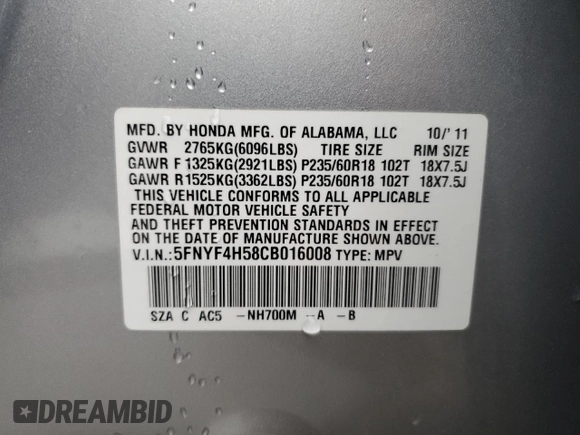 2012 Honda Pilot EX-L with VIN 5FNYF4H58CB016008, listed as a Copart auction lot 59795735 with Not provided miles and Salvage title. Bid and sale history available at DreamBid. Image 13.