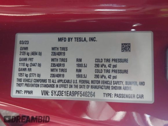 2023 Tesla Model 3 with VIN 5YJ3E1EA9PF546264, listed as a IAAI auction lot 41657055 with 5,634 mi miles and . Bid and sale history available at DreamBid. Image 9.