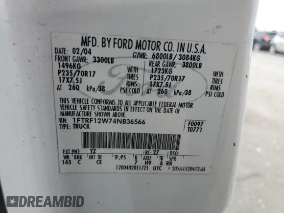 2004 Ford F-150 XL с VIN 1FTRF12W74NB36566, выставлен на аукционе Copart как лот 59766165 с пробегом 168 020 миль миль и Списание • Salvage title. История ставок и продаж доступна на DreamBid. Изображение 12.
