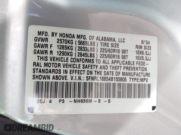 2004 Honda Odyssey EX-RES с VIN 5FNRL18854B150806, выставлен на аукционе IAAI как лот 42784769 с пробегом 183 507 миль миль и . История ставок и продаж доступна на DreamBid. Изображение 9.