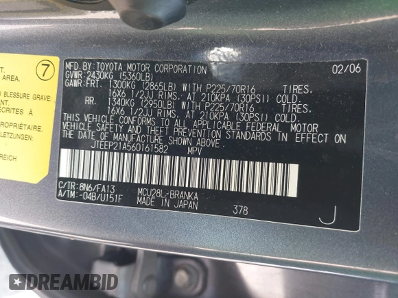 2006 Toyota Highlander w/3rd Row z VIN JTEEP21A560161582, wystawiony jako IAAI lot #42444743 z przebiegiem 186 381 mil mil oraz . Historia ofert i sprzedaży dostępna na DreamBid. Obrazek 9.
