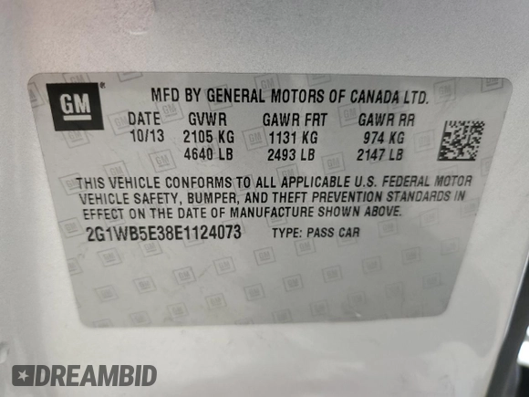 2014 Chevrolet Impala LT with VIN 2G1WB5E38E1124073, listed as a Copart auction lot 59691855 with 169,875 mi miles and Salvage title. Bid and sale history available at DreamBid. Image 13.