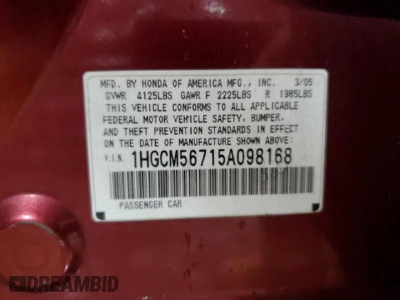 2005 Honda Accord EX z VIN 1HGCM56715A098168, wystawiony jako Copart lot #58300045 z przebiegiem 290 185 mil mil oraz Szkoda całkowita • Salvage title. Historia ofert i sprzedaży dostępna na DreamBid. Obrazek 12.