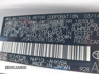 2014 Toyota Prius One with VIN JTDKDTB39E1067395, listed as a IAAI auction lot 41613735 with 207,466 mi miles and . Bid and sale history available at DreamBid. Image 9.
