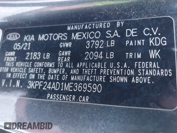 2021 Kia Forte FE z VIN 3KPF24AD1ME369590, wystawiony jako IAAI lot #41308194 z przebiegiem 71 462 mil mil oraz . Historia ofert i sprzedaży dostępna na DreamBid. Obrazek 9.