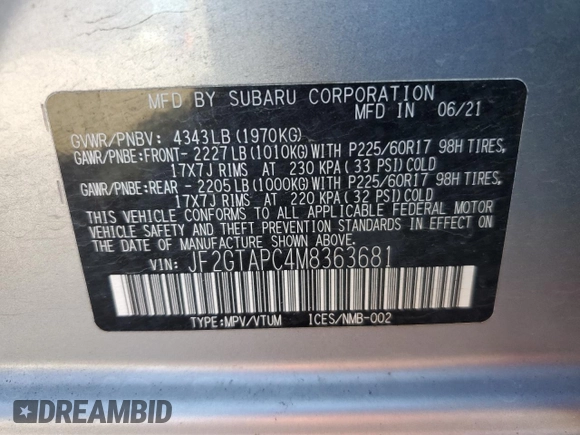 2021 Subaru Crosstrek Premium with VIN JF2GTAPC4M8363681, listed as a Copart auction lot 61309395 with 49,730 mi miles and Salvage title. Bid and sale history available at DreamBid. Image 14.