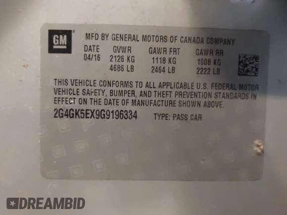 2016 Buick Regal with VIN 2G4GK5EX9G9196334, listed as a IAAI auction lot 41359790 with 136,442 mi miles and . Bid and sale history available at DreamBid. Image 9.
